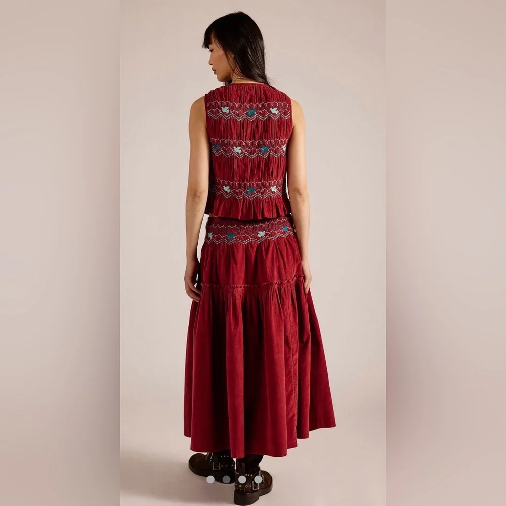 NEW 2 Piece Set Free People Velvet Embroidered Tie Front Top & Midi Maxi Skirt - Picture 2 of 4